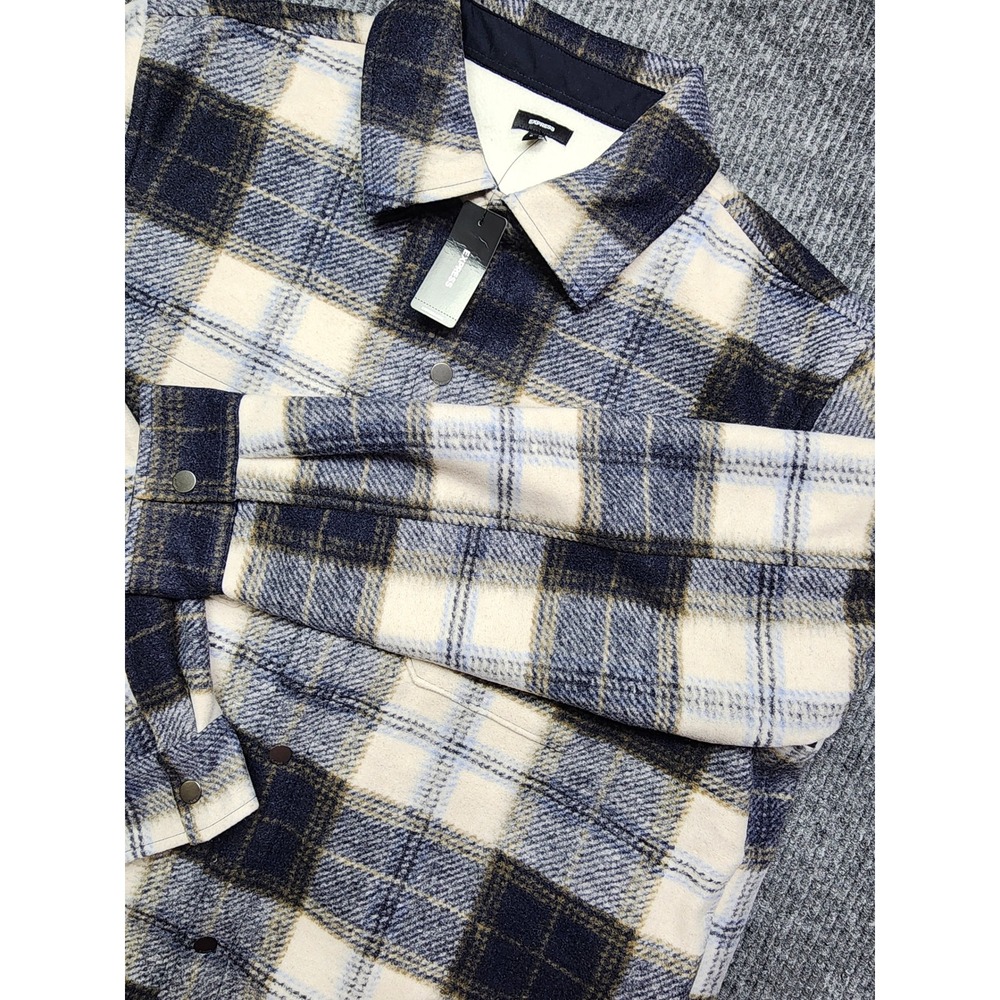 Express Mens Blue Cream Plaid Fleece Lined Flannel Shirt Jacket Shacket LargeNWT